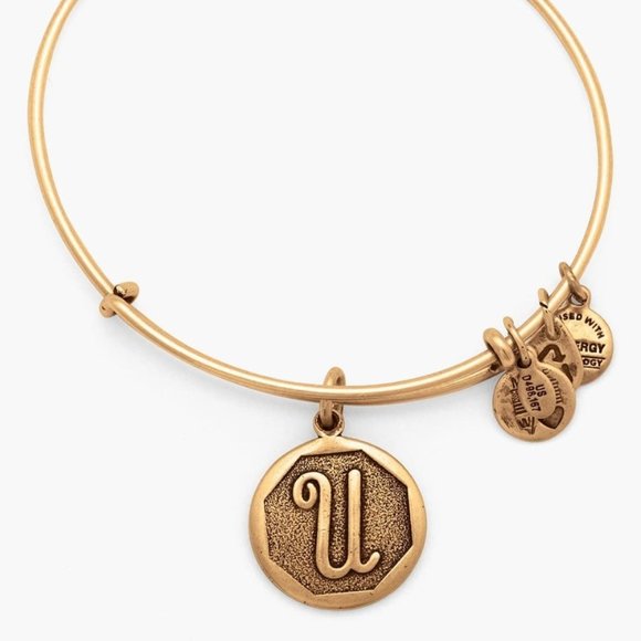 Alex and Ani Initial U Bangle Bracelet Gold Tone Adjustable Wire Made in USA NEW - Picture 3 of 5